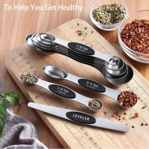 Magnetic Measuring Spoons Set of 8, 7 Measuring Spoons and Cups 1 Leveler Stainless Steel ,Dual Sided Stackable Teaspoon Fits in Spice Jars and Containers for Measuring Dry and Liquid Ingredients（Magnetic 8 Piece）