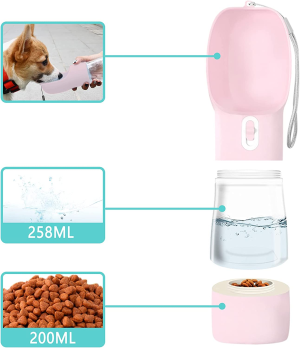 Portable Dog Water Bottle,Dogwater Bottles for Walking Can Carry Dog Food,Multi-Function Travel Dog Bowls,Can Disassemble Pet Water Dispenser Combination,Try in Cats and Dogs (Pink)