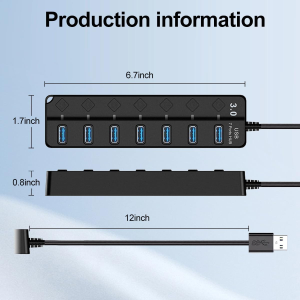 T Tersely Individual Power Switches and Leds On/Off 7-Port USB 3.0 Hub, Ultra Slim 5Gbps Super Speed USB Data Transfer Hub Expansion Splitter for Macbook, XPS, PC, USB Flash Drives, Mobile HDD, More