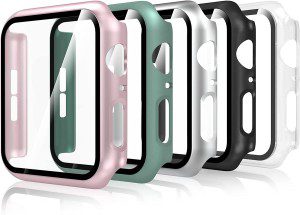 Bigqin (5 Pack) Tempered Glass Screen Protector Case Compatible with Apple Watch Series 9/8/7 45Mm Full Protection HD Hard PC Cover Case Compatible for Iwatch 7 8 9 (45Mm)