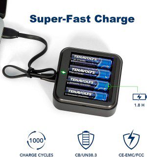 TENAVOLTS Rechargeable AA Lithium Battery with USB Charger, 1.5V 2800Mwh Pre-Charged Batteries, Constant Voltage Output, 1.8H Fast Charge,1000 Cycles, Long Lasting 10 Year Life, 4 Counts