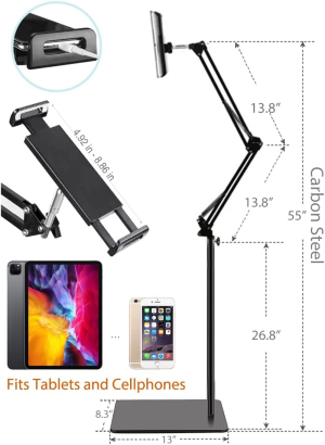 Tablet Floor Stand with Double Weight Base, Overhead Bed Phone Mount Height Adjustable Arm Stretchable Stand Holder, Compatible with Ipad Mini Air Pro, Galaxy Tab, Kindle, Switch, Cell Phones-Black