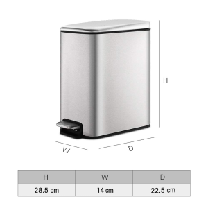 Smartbin 5L 5 Liter Stainless Steel Kitchen Trash Bin with Lid Bathroom Waste Paper Bin Toilet Bin Pedal Dust Bin Garbage Can Waste Office H29*W14*D23Cm Recycle Bin Inner Bucket Rectangular Brushed