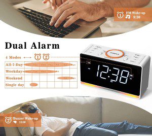 Alarm Clock Radio, 1.4″ White LED Display Clock with Bluetooth, FM Radio, Dual Alarm, Sleep Timer, Snooze, Auto & Manual Dimmer, USB Charger and Night Light Itoma CKS718