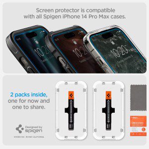 SPIGEN EZ Fit Glas.Tr Slim (Sensor Protection) Screen Protector Designed for Apple Iphone 14 Pro Max (2022)[6.7-Inch] Auto Alignment Kit Premium Tempered Glass [2-Pack] – Clear