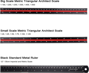 Ownmy 3 Pack 30CM Solid Aluminum Triangular Architect Scale Ruler Set, 3-Colors-Groove Architectural and Engineer Scale Metal Ruler Set, Clear Scale Metal Drafting Rulers for Civil Engineer Blueprint