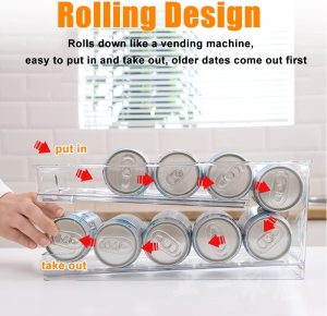 Fridge Organiser, Refrigerator Storage Bins with Rolling, 2-Tier Can Dispenser, Drink Food Storage, Home Kitchen Organisation, Soda Beverage Container, for Fridge Freezer Pantry Countertop Cabinets