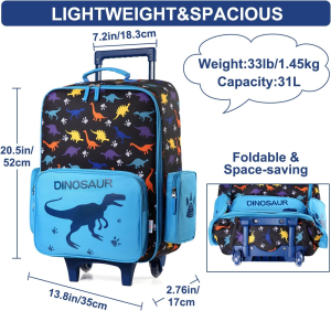 Kids Luggage for Boys,Vaschy Cute Rolling Travel Carry on Suitcase for Toddlers/Children with Wheels 18Inch Dinosaur