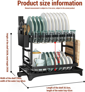 REASOR 2 Tier Dish Drying Rack Set, 360 Degree Rotating Drainer,Rustproof Cutlery Rack for Kitchen Countertop with Draining Board, Cutting Board Holder, Cup Holder, Cutlery Rack