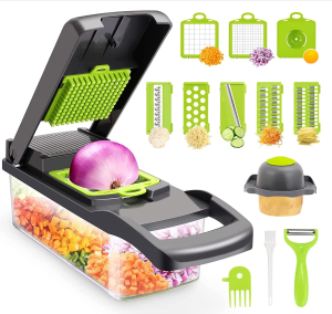 Vegetable Chopper B.C.Fine Food Mandoline Slicer Cutter Chopper and Grater 13 in 1 Vegetable Slicer Potato Onion Chopper Veggie Chopper Dicer with Container (Grey)