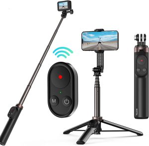 TELESIN Vlog Selfie Stick with Bluetooth Remote Control for Gopro Hero 11/10/9/8/Go Pro Max Camera,Selfie Pole Extendable Monopod with Phone Clip Wireless Remote for Iphone Android Cell Phones Tripod