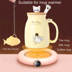 Cat Mug Cute Ceramic Coffee Cup with Lovely Kitty Wooden Lid Stainless Steel Spoon,Novelty Morning Cup Tea Milk Christmas Mug 380ML (Yellow)