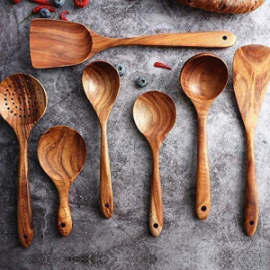 Wooden Cookware Set for Kitchen, Messon Handmade Natural Teak Cooking Spoon Wooden Spatula for Anti-Scorching Cookware7 Piece