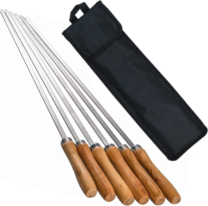 16.5 Inch Grill Skewers with Wood Handle, 6 Pack Stainless Steel Flat Grilling Kabob Sticks, Reusable BBQ Barbecue Skewers Set for Meat Shrimp Chicken Beef Vegetable