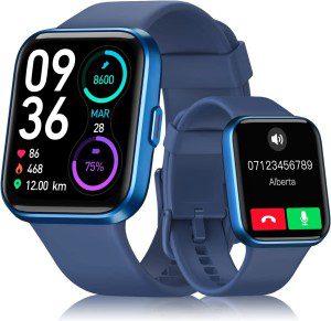 Smart Watch for Women Men,Smart Watch (Answer/Make Call), 1.7″ Full Touch Alexa Built-In Fitness Tracker with Heart Rate Spo2 Sleep Monitor, 5ATM Waterproof Smartwatch for Android Ios(Bluegold)