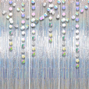 ZCOINS 3 Packs Holographic Sliver Metallic Tinsel Curtains, 3 Packs Iridescent Twinkle Circle Dot Garlands, Party Decorations for Birthday Wedding Backdrop for Disco Bachelorette Dancing Party Photos