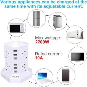 Powerjc Tower Power Strip Surge Protector 8 AC Outlets Outlet with 6 2.4A Totals 6A Ports Smart USB Chargers 2M Long Extension Cord SAA Certified White