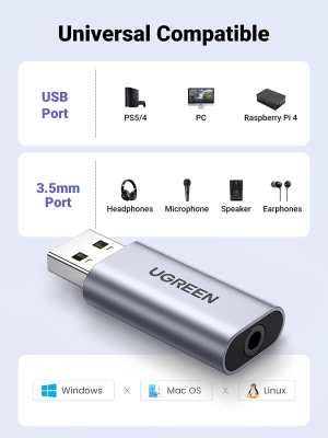 UGREEN USB to Audio Jack USB External Sound Card 3.5Mm Audio Adapter 2 in 1 USB to 3.5Mm TRRS Headphone Adapter Microphone Stereo Jack Aluminum Compatible with PS5 PC Windows Mac Linux Laptop Desktop