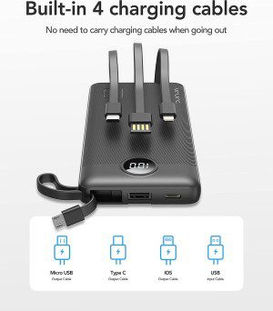 VRURC 10000Mah Power Bank USB C with Built in 4 Cables, Slim Portable Charger with 5 Outputs & 2 Inputs,Led Display External Cell Phone Battery Pack Compatible with Iphone Samsung Android Etc- Black