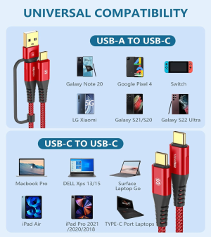 USB-C to USB-C Cable 2M 100W Iphone 15 Charger 2 in 1 USB A/C to USB-C Nylon Braid Cord for Macbook Iphone 15 plus Pro Max Ipad Pro Air 4 5 Mini 6, Galaxy S23 S22 S21 S20 Note 20 10 Pixel Ps5-Red