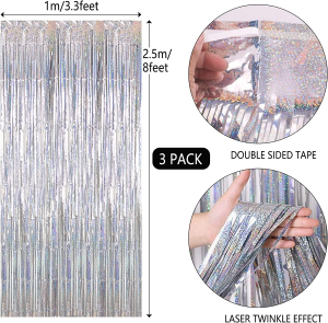 ZCOINS 3 Packs Holographic Sliver Metallic Tinsel Curtains, 3 Packs Iridescent Twinkle Circle Dot Garlands, Party Decorations for Birthday Wedding Backdrop for Disco Bachelorette Dancing Party Photos