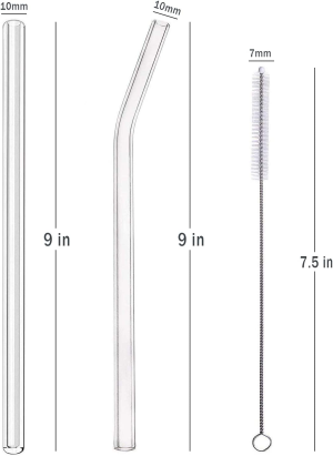 ALINK Glass Straws 9 in X 10 Mm Clear Straight Smoothie Straws with Cleaning Brush