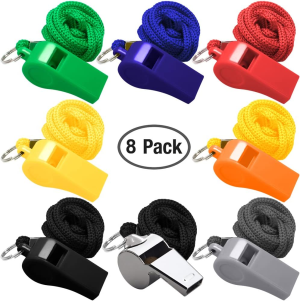 8 Packs Coaches Referee Whistles with Lanyards, Finegood 7 Colorful Plastic and 1 Stainless Steel Metal Whistles for Football Sports Lifeguards Survival Emergency Training – Multi-Color