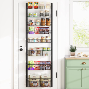 MOTYYA over the Door Pantry Organizer, 8-Tier Adjustable Baskets Pantry Organization and Storage, Metal Door Shelf with Detachable Frame, Space Saving Hanging Spice Rack for Kitchen Pantry Bathroom