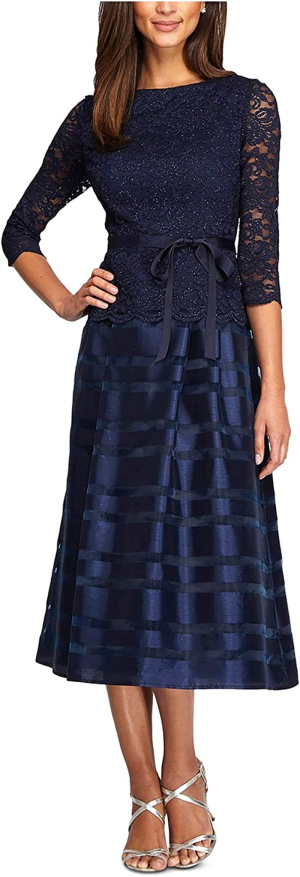 Alex Evenings Women S Tea Length A Line Dress with Tie Belt