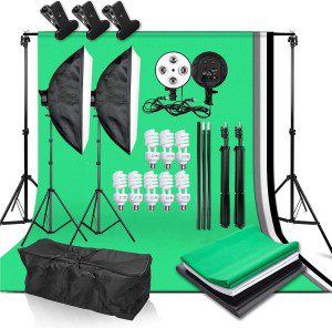 Abeststudio Studio Lighting Kit Bi-Color Dimmable 2X 85W Softbox Continuous Lighting Background Support System Black White Green Backdrop Cloth with Stand for Portrait Product Photography Video Shooting