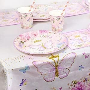 Yuanbigtai 135Pcs Birthday Party Supplies,Pink Butterfly Birthday Party Tableware with Birthday Banner,Paper,Plates,Pink Balloons,Tablecloths Cups,Napkins,Pink Birthday Decoration for Girls,16 Guests