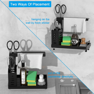 Kitchen Sink Caddy Organiser, Sponge Holder Brush Soap Dishcloth Holder with Drain Pan and 2 Packs Sucker, Stainless Steel Sink Organiser for Kitchen, Freestanding or Wall-Mounted (Black)