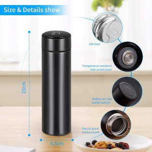 [2021 UPGRADE] Smart Vacuum Insulated Water Bottle Travel Mug with LED Temperature Display | 304 Stainless Steel Drink Bottle | Perfect for Sport Out Door Travel and Office , Black , 500Ml