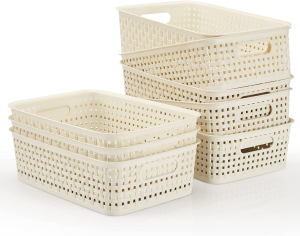 [8 Pack] Jabykare Plastic Storage Baskets for Home Storage & Organisation- Storage Bins for Bathrooms, Kitchen, Cabinets, Countertop, under Sink, Pantry Storage Organiser (Creamy)