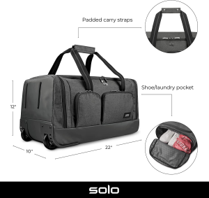 Solo New York Leroy Carry-On Wheeled Duffle Bag, 49L Capacity, Grey, 22 Inch, Grey, 22 Inch, Leroy Carry-On Wheeled Duffle Bag, 49L Capacity