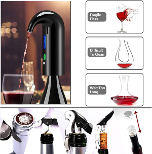 Wine Aerator – Haizr Electric Wine Aerator Pourer + Corkscrew + Vacuum Wine Stopper Set, Portable One-Touch Wine Aerator Decanter, Multi-Smart Automatic Wine Oxidizer Dispenser Accessories for Wine Enthusiast (Black)