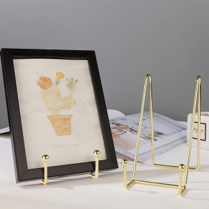 DAIYEE 3 Pcs Display Photo Stand. Decorative Plate Display Stand. Silver Iron Easel Stand.Book Display Stand Tabletop Art (Shining Gold)