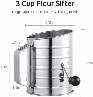 U-Taste Stainless Steel Flour Sifter: 3 Cup Sifter with 4 Wire Agitators for Quick Sifting, 1 Cushion Ring, Crank Plastic Handle, Stamped Measurement, 20 Fine Mesh for Baking Flour, Powered Sugar