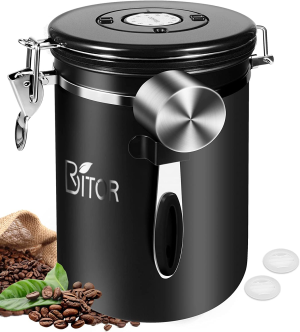 1.8L Coffee Canister, Airtight Coffee Canister with Scoop, Coffee Jar with Built-in Valve, Date Tracker, 2 Spare Filter, Coffee Container for Beans, Ground, Tea, Flour and Sugar Silver