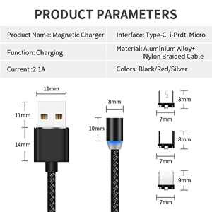 Big+ 3-In-1 Magnetic Charging Cable, 6 Pack Phone Charger with 1X0.3M, 3X1M,1X2M, 1X3M Cables and 18 Tips, Nylon Braided Cord, Compatible for Charging Smartphones, Micro USB and Type C Devices