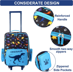 Kids Luggage for Boys,Vaschy Cute Rolling Travel Carry on Suitcase for Toddlers/Children with Wheels 18Inch Dinosaur