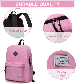 Vaschy Women Backpack,Classic Basic Waterproof Foldable Daypack for Sports and Traveling School Book Bag for Boys and Girls Pink