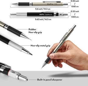 Nicpro 6PCS Mechanical Pencils, 3 PCS Metal Automatic Drafting Pencil 0.5 Mm & 0.7 Mm & 0.9 Mm and 3 PCS 2Mm Graphite Lead Holder (2B HB 2H) for Writing,Sketching Drawing,With 12 Tubes Lead Refills