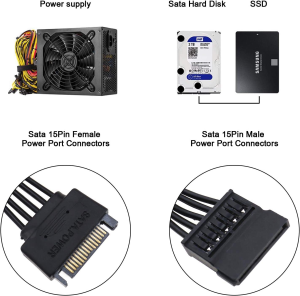 2Pcs 15 Pin SATA Power Extension Cable Male to Female Hard Disk Cable 30Cm 18AWG for HDD, SSD, Optical Drives, DVD Burners