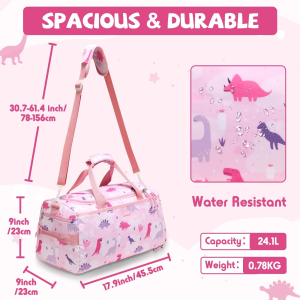 Duffle Bag for Girls,Vaschy Cute Large Travel Bag for Kids Toddler Children Overnight Duffel Ballet Dance Sport Carry on Weekender Bag with Shoes Compartment Dry Wet Pocket Pink Dinosaur