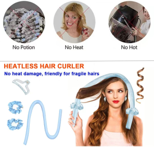 YQQZQ Heatless Curling Rod Headband with 2 Hair Rings and 1 Hairpin, Upgrade Hair Curlers for Long Hair to Lady DIY Favorite Wave Hairstyle (Rubber,Blue)