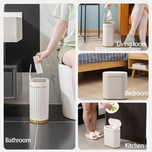 Smart Bathroom Trash Bin with Lid, 7 Liter Slim Automatic Garbage Can, Waterproof Plastic Rubbish Bin Narrow Motion Sensor Wastebasket for Bedroom, Living Room, Kitchen, Office, Gold(No Battery)