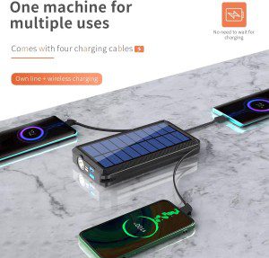 Solar Power Bank 30000Mah Built-In Type-C&Micro 3 Output Cables and 1 USB Input Cable, with 2 Input and 2 Output Ports, Wireless Charger Solar Charger for Iphone, Ipad, Samsung, Google, Game Console