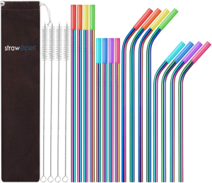 Strawexpert 16 Pack Rose Gold Reusable Metal Straws with Silicone Tip & Travel Case & Cleaning Brush,Long Stainless Steel Straws Drinking Straw for 20 and 30 Oz Tumbler