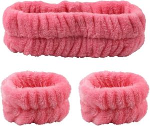 3 Pieces Spa Headband Wrist Washbands Scrunchies Cuffs for Washing Face, Towel Wristbands Hair Headband Face Wash Wristband for Women Girls Makeup Prevent Liquids from Spilling down Your Arms (Pink)